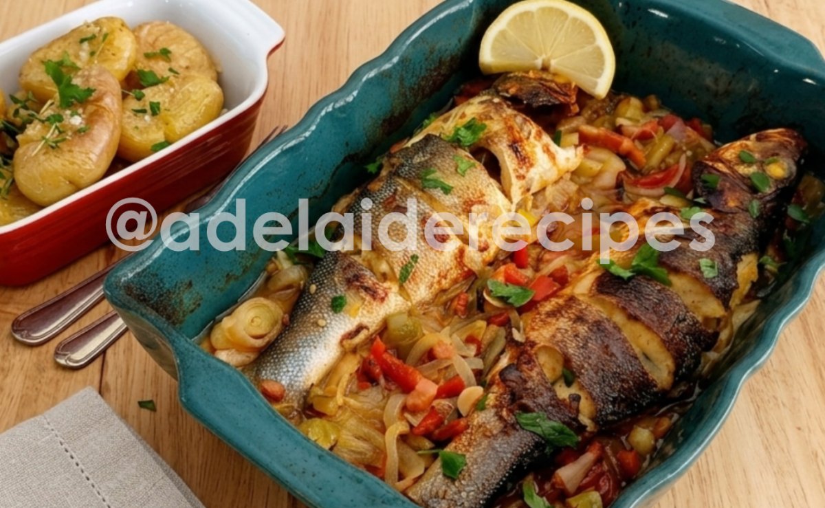 Robalo no Forno com Batatas à Murro e Legumes