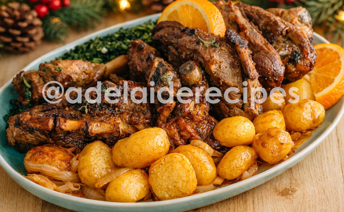 Borrego Assado com Batatas e Legumes Salteados