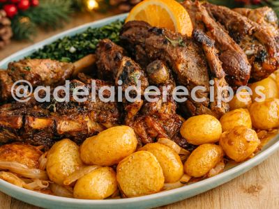 Borrego Assado com Batatas e Legumes Salteados